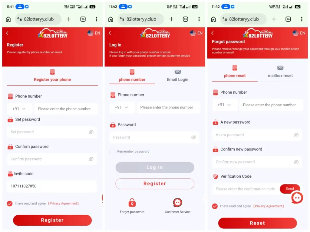 Login,register,forgot passwords screenshot.